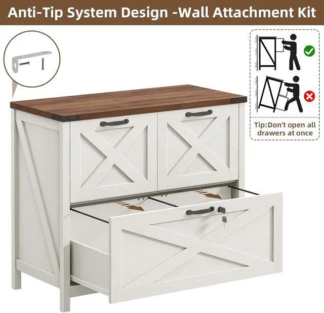 Alt view image 5 of 6 - Lateral File Cabinet with 3 Drawers, Farmhouse File Cabinet with Lock for Letter/A4/Legal Size Hanging Files, Wood File Storage Cabinets Printer Stand for Home Office Cabinets, Rustic White