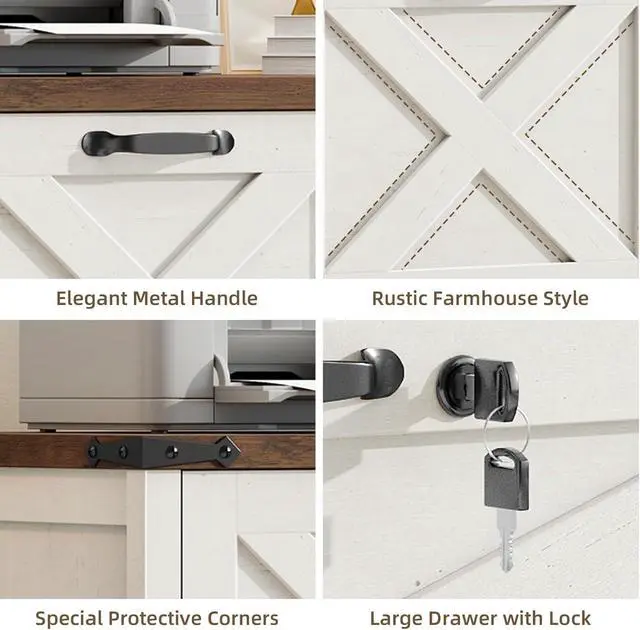 Alt view image 6 of 6 - Lateral File Cabinet with 3 Drawers, Farmhouse File Cabinet with Lock for Letter/A4/Legal Size Hanging Files, Wood File Storage Cabinets Printer Stand for Home Office Cabinets, Rustic White