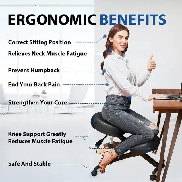 Alt view image 3 of 6 - Ergonomic Kneeling Chair, Meditation Chair with Height Adjustable and Cushion for Home and Office, Posture Office Stool with an Angled Seat and Casters