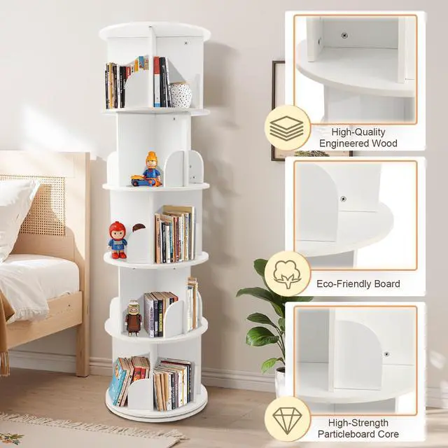 Alt view image 2 of 6 - Wooden Rotating Bookshelf, White, 5 Tier | 360° Spinning, For Kids & Small Spaces, Corner Shelf Storage Organizer, Multi-Functional