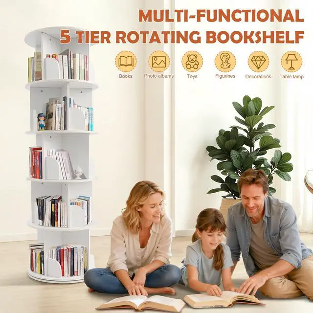 Alt view image 3 of 6 - Wooden Rotating Bookshelf, White, 5 Tier | 360° Spinning, For Kids & Small Spaces, Corner Shelf Storage Organizer, Multi-Functional