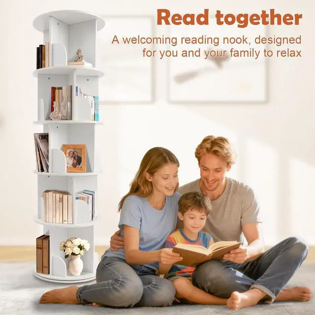 Alt view image 5 of 6 - Wooden Rotating Bookshelf, White, 5 Tier | 360° Spinning, For Kids & Small Spaces, Corner Shelf Storage Organizer, Multi-Functional