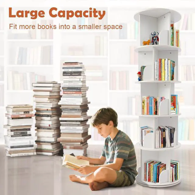 Alt view image 6 of 6 - Wooden Rotating Bookshelf, White, 5 Tier | 360° Spinning, For Kids & Small Spaces, Corner Shelf Storage Organizer, Multi-Functional