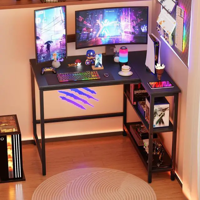 Alt view image 2 of 6 - 39 Inch L-Shaped Computer Desk,Gaming Desk with Durable Metal Frame,Corner Desk with Reversible Storage Shelves for Home Office Gaming Study,Black (39 inch)