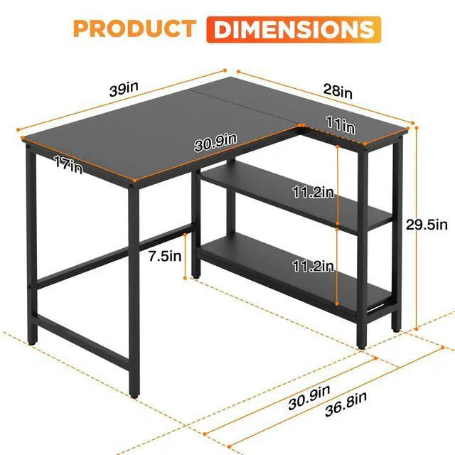 Alt view image 3 of 6 - 39 Inch L-Shaped Computer Desk,Gaming Desk with Durable Metal Frame,Corner Desk with Reversible Storage Shelves for Home Office Gaming Study,Black (39 inch)