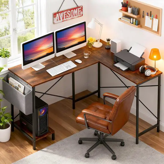 Alt view image 2 of 6 - 50 Inch L-Shaped Computer Desk,Gaming Desk with Durable Metal Frame,Corner Desk with Side Storage Bag & CPU Stand for Home Office Gaming Study,Brown