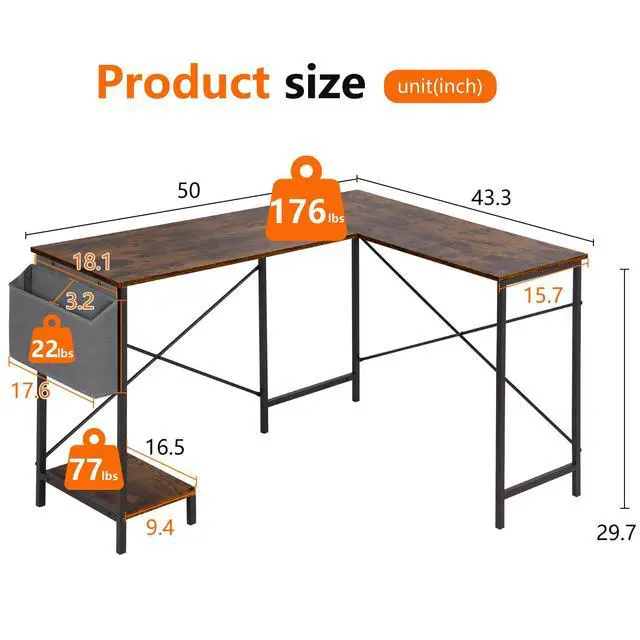 Alt view image 3 of 6 - 50 Inch L-Shaped Computer Desk,Gaming Desk with Durable Metal Frame,Corner Desk with Side Storage Bag & CPU Stand for Home Office Gaming Study,Brown