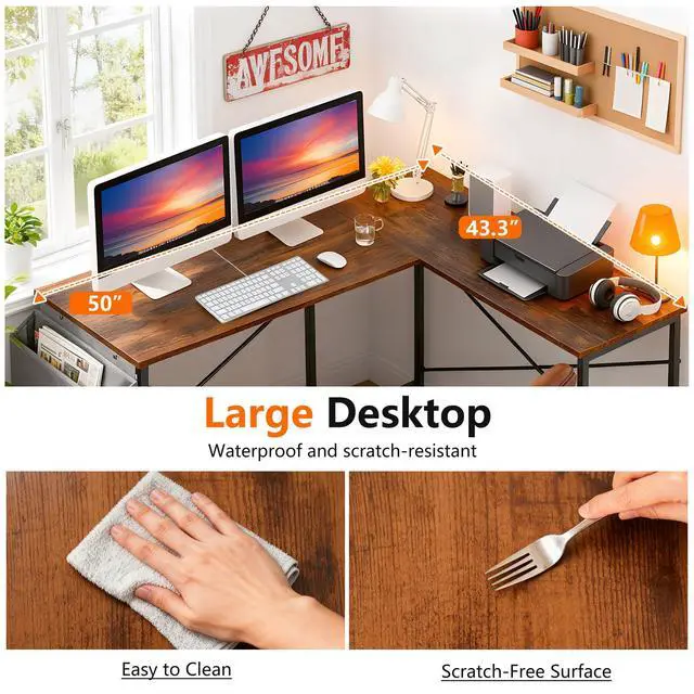 Alt view image 5 of 6 - 50 Inch L-Shaped Computer Desk,Gaming Desk with Durable Metal Frame,Corner Desk with Side Storage Bag & CPU Stand for Home Office Gaming Study,Brown