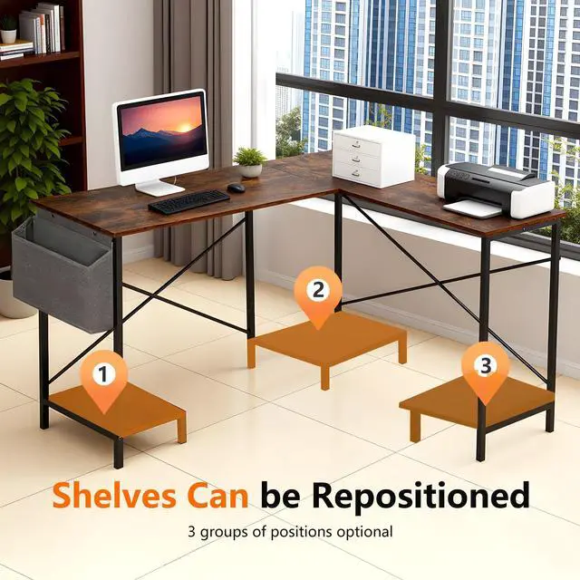 Alt view image 6 of 6 - 50 Inch L-Shaped Computer Desk,Gaming Desk with Durable Metal Frame,Corner Desk with Side Storage Bag & CPU Stand for Home Office Gaming Study,Brown