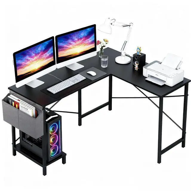 Main image of 50 Inch L-Shaped Computer Desk,Gaming Desk with Durable Metal Frame,Corner Desk with Side Storage Bag & CPU Stand for Home Office Gaming Study,Black