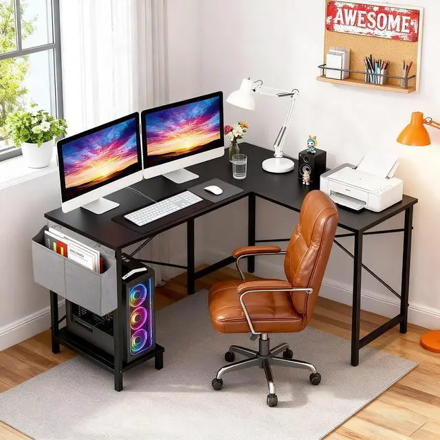 Alt view image 2 of 6 - 50 Inch L-Shaped Computer Desk,Gaming Desk with Durable Metal Frame,Corner Desk with Side Storage Bag & CPU Stand for Home Office Gaming Study,Black