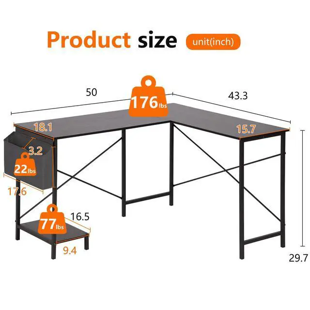 Alt view image 3 of 6 - 50 Inch L-Shaped Computer Desk,Gaming Desk with Durable Metal Frame,Corner Desk with Side Storage Bag & CPU Stand for Home Office Gaming Study,Black