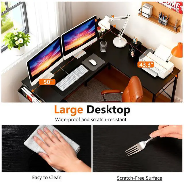 Alt view image 5 of 6 - 50 Inch L-Shaped Computer Desk,Gaming Desk with Durable Metal Frame,Corner Desk with Side Storage Bag & CPU Stand for Home Office Gaming Study,Black
