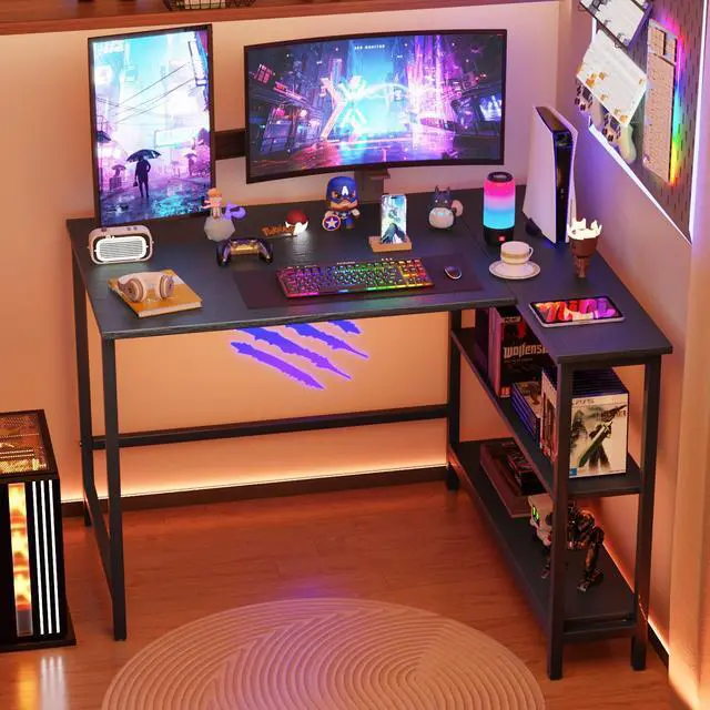 Alt view image 2 of 6 - 43 Inch L-Shaped Computer Desk,Gaming Desk with Durable Metal Frame,Corner Desk with Reversible Storage Shelves for Home Office Gaming Study,Black (43 inch)