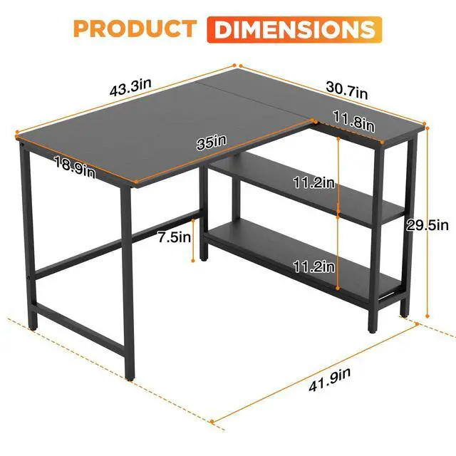 Alt view image 3 of 6 - 43 Inch L-Shaped Computer Desk,Gaming Desk with Durable Metal Frame,Corner Desk with Reversible Storage Shelves for Home Office Gaming Study,Black (43 inch)