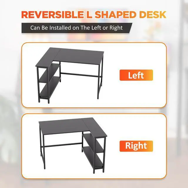 Alt view image 4 of 6 - 43 Inch L-Shaped Computer Desk,Gaming Desk with Durable Metal Frame,Corner Desk with Reversible Storage Shelves for Home Office Gaming Study,Black (43 inch)