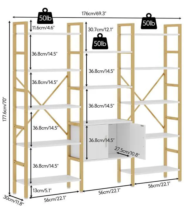 Alt view image 2 of 6 - Bookshelf Triple Wide 5 Tier Bookcases with Storage Cabinet, Industrial Large Modern Tall Bookshelves with 12 Open Display Shelves for Living Room Office Bedroom, White and Gold