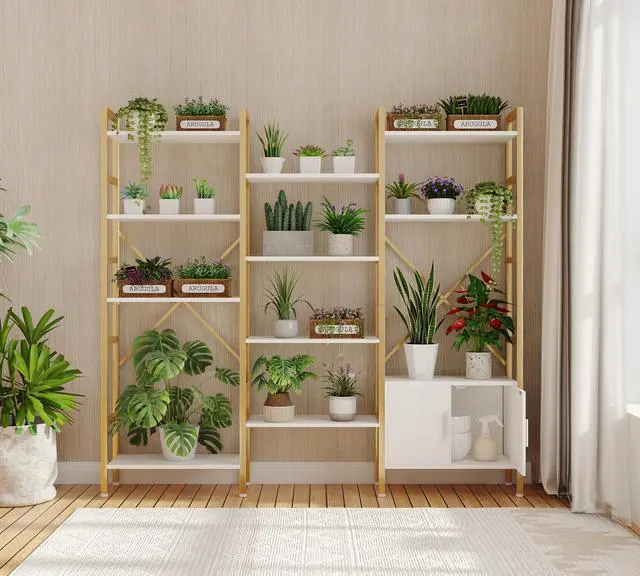 Alt view image 3 of 6 - Bookshelf Triple Wide 5 Tier Bookcases with Storage Cabinet, Industrial Large Modern Tall Bookshelves with 12 Open Display Shelves for Living Room Office Bedroom, White and Gold
