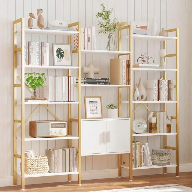 Alt view image 4 of 6 - Bookshelf Triple Wide 5 Tier Bookcases with Storage Cabinet, Industrial Large Modern Tall Bookshelves with 12 Open Display Shelves for Living Room Office Bedroom, White and Gold