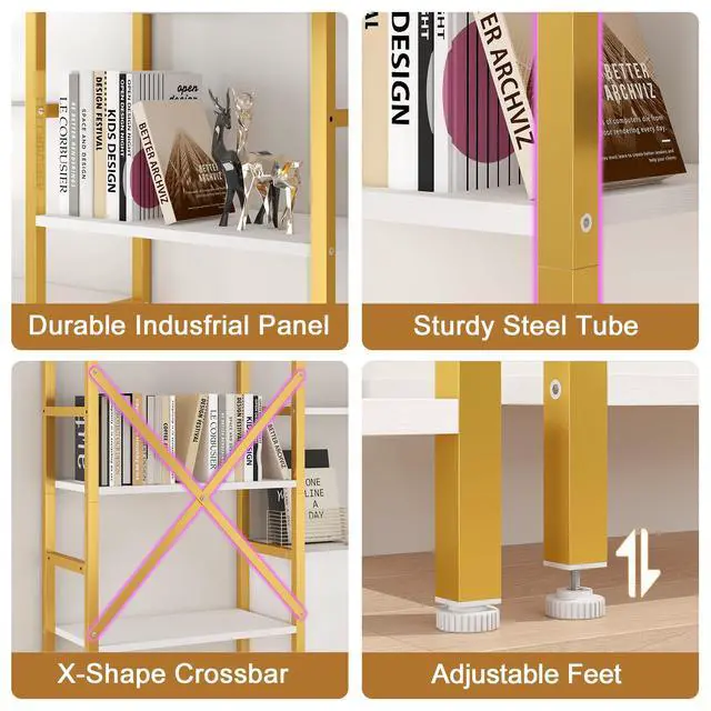 Alt view image 5 of 6 - Bookshelf Triple Wide 5 Tier Bookcases with Storage Cabinet, Industrial Large Modern Tall Bookshelves with 12 Open Display Shelves for Living Room Office Bedroom, White and Gold