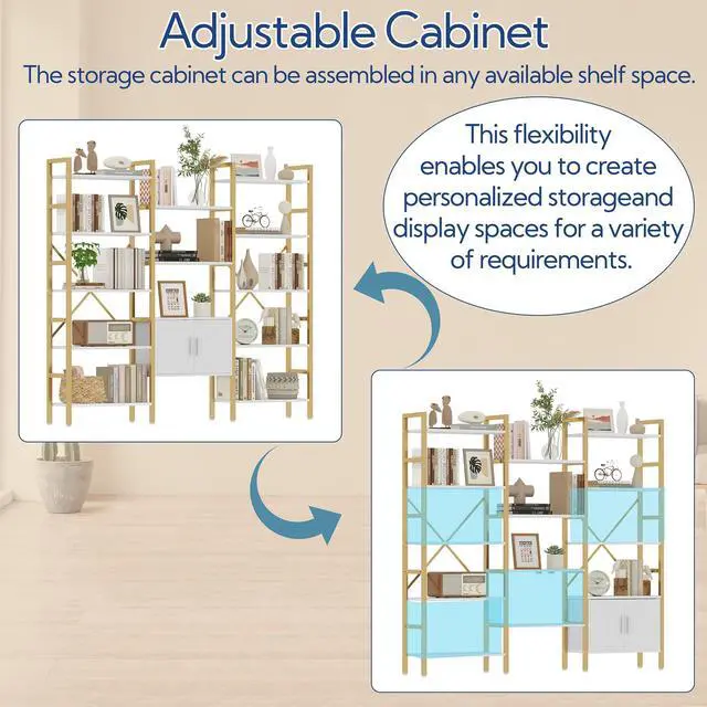 Alt view image 6 of 6 - Bookshelf Triple Wide 5 Tier Bookcases with Storage Cabinet, Industrial Large Modern Tall Bookshelves with 12 Open Display Shelves for Living Room Office Bedroom, White and Gold