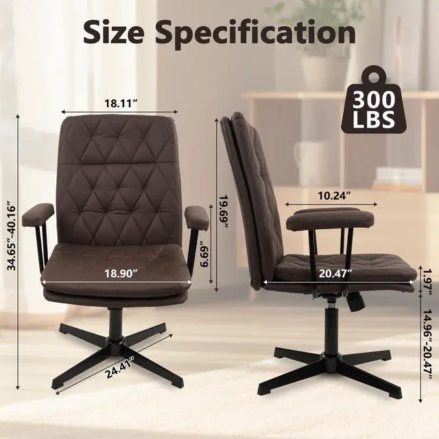 Alt view image 2 of 6 - Office Chair No Wheels, Leather Criss Cross Desk Chairs with Arms, Modern Cross Legged Computer Chair, Mid Back Height Adjustable Swivel Task Vanity Chair for Home Office, Chocolate Brown