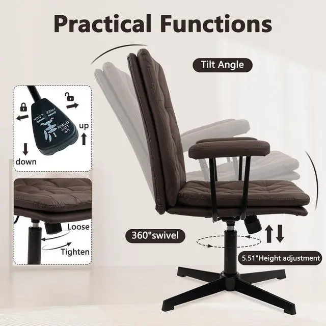 Alt view image 3 of 6 - Office Chair No Wheels, Leather Criss Cross Desk Chairs with Arms, Modern Cross Legged Computer Chair, Mid Back Height Adjustable Swivel Task Vanity Chair for Home Office, Chocolate Brown