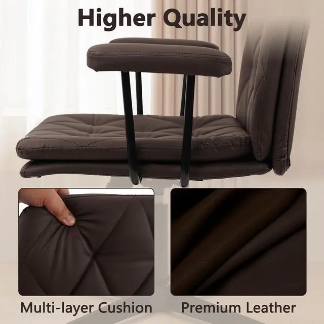 Alt view image 4 of 6 - Office Chair No Wheels, Leather Criss Cross Desk Chairs with Arms, Modern Cross Legged Computer Chair, Mid Back Height Adjustable Swivel Task Vanity Chair for Home Office, Chocolate Brown