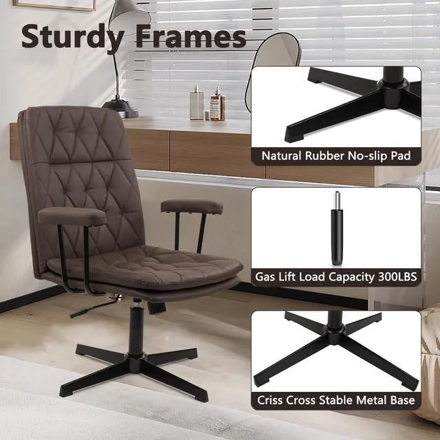 Alt view image 5 of 6 - Office Chair No Wheels, Leather Criss Cross Desk Chairs with Arms, Modern Cross Legged Computer Chair, Mid Back Height Adjustable Swivel Task Vanity Chair for Home Office, Chocolate Brown