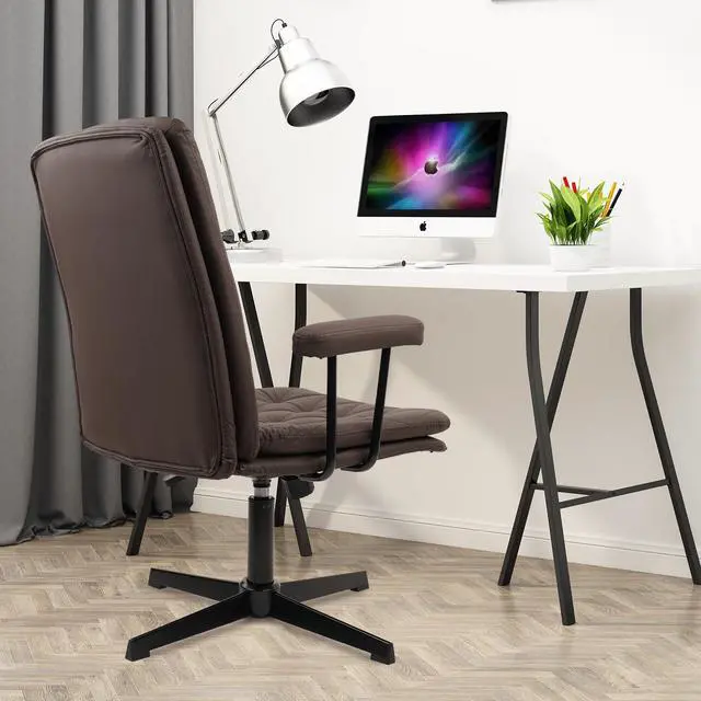 Alt view image 6 of 6 - Office Chair No Wheels, Leather Criss Cross Desk Chairs with Arms, Modern Cross Legged Computer Chair, Mid Back Height Adjustable Swivel Task Vanity Chair for Home Office, Chocolate Brown