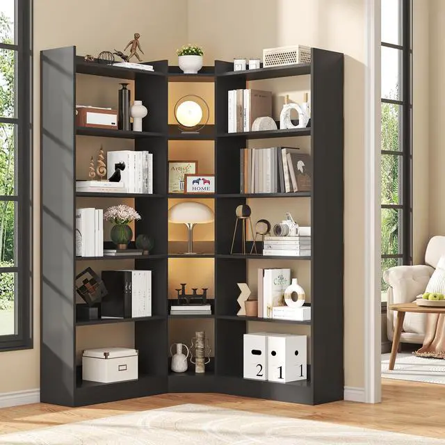 Main image of 6 Tiers Corner Bookshelf, 63.1" Tall Modern Corner Etagere Bookcase Storage Display Rack Book Shelf with Baffle, Industrial L Shaped Bookshelves for Bedroom, Home Office, Living Room, Black