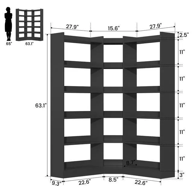 Alt view image 2 of 6 - 6 Tiers Corner Bookshelf, 63.1" Tall Modern Corner Etagere Bookcase Storage Display Rack Book Shelf with Baffle, Industrial L Shaped Bookshelves for Bedroom, Home Office, Living Room, Black