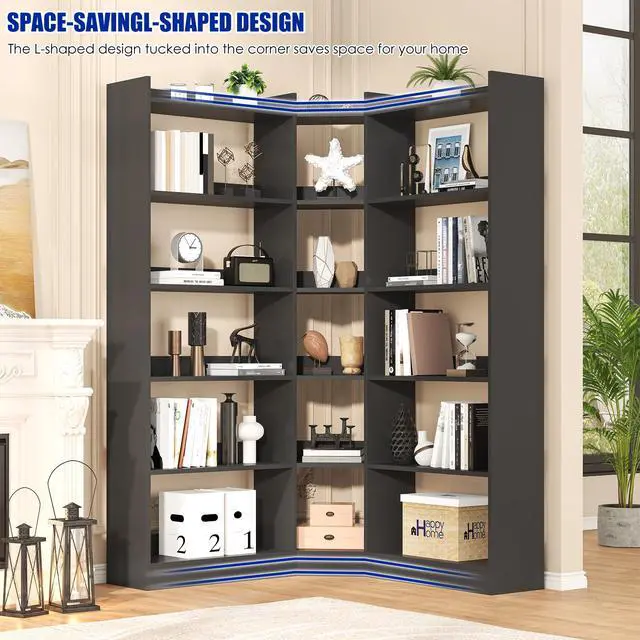 Alt view image 3 of 6 - 6 Tiers Corner Bookshelf, 63.1" Tall Modern Corner Etagere Bookcase Storage Display Rack Book Shelf with Baffle, Industrial L Shaped Bookshelves for Bedroom, Home Office, Living Room, Black