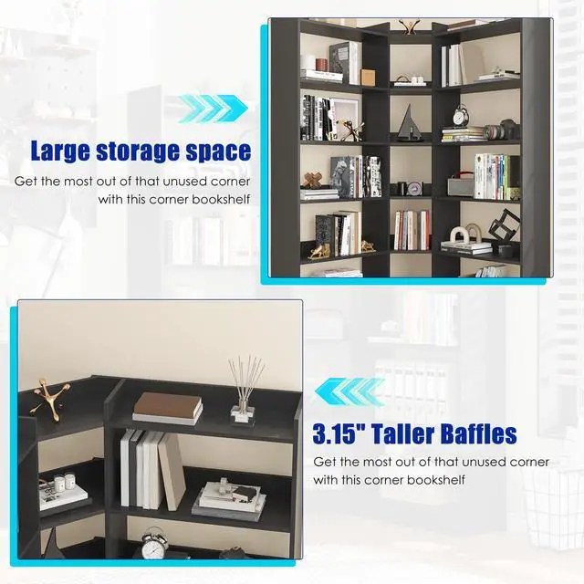 Alt view image 4 of 6 - 6 Tiers Corner Bookshelf, 63.1" Tall Modern Corner Etagere Bookcase Storage Display Rack Book Shelf with Baffle, Industrial L Shaped Bookshelves for Bedroom, Home Office, Living Room, Black