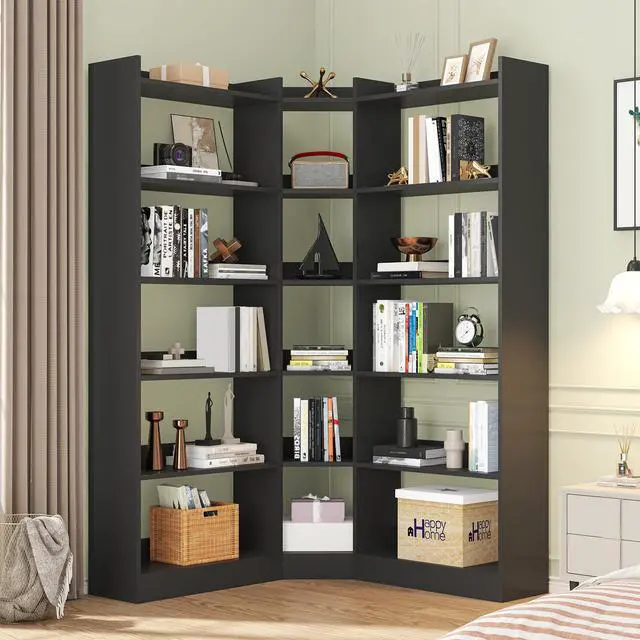 Alt view image 6 of 6 - 6 Tiers Corner Bookshelf, 63.1" Tall Modern Corner Etagere Bookcase Storage Display Rack Book Shelf with Baffle, Industrial L Shaped Bookshelves for Bedroom, Home Office, Living Room, Black