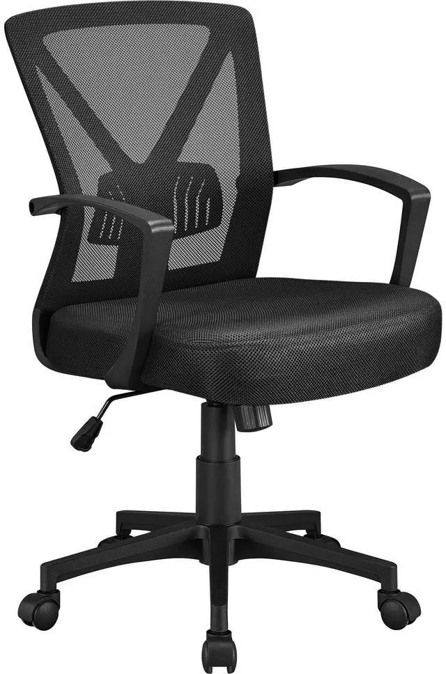 Main image of Mid-Back Mesh Task Office Desk Chair with Wheels and Arms, Black | Breathable mesh back and foam-padded seat for all-day comfort; sturdy metal frame, height adjustable, and easy to assemble