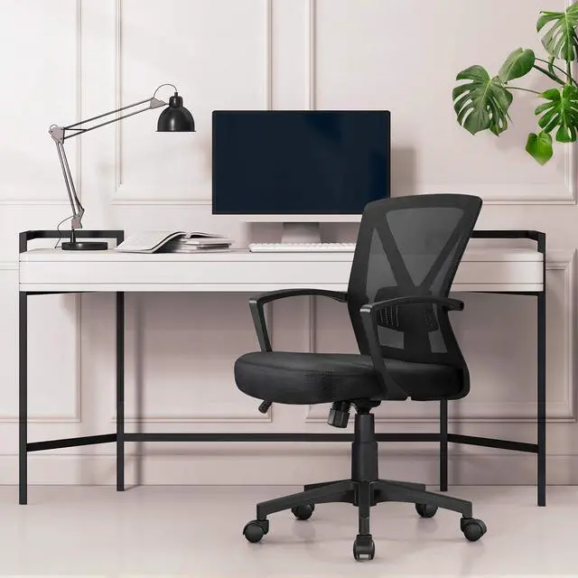 Alt view image 2 of 6 - Mid-Back Mesh Task Office Desk Chair with Wheels and Arms, Black | Breathable mesh back and foam-padded seat for all-day comfort; sturdy metal frame, height adjustable, and easy to assemble