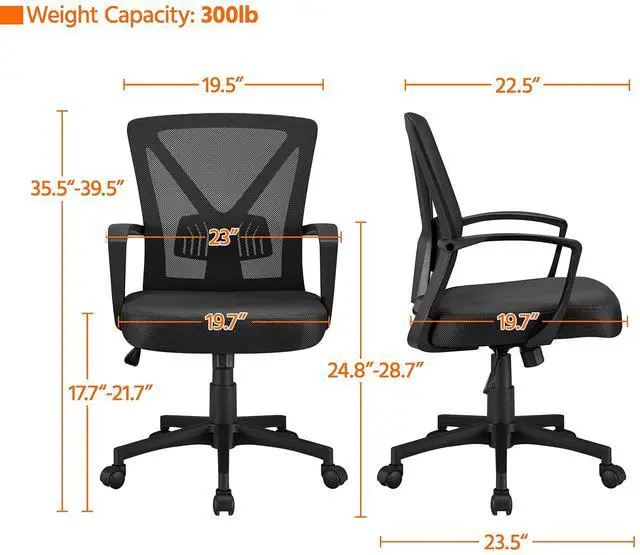 Alt view image 3 of 6 - Mid-Back Mesh Task Office Desk Chair with Wheels and Arms, Black | Breathable mesh back and foam-padded seat for all-day comfort; sturdy metal frame, height adjustable, and easy to assemble