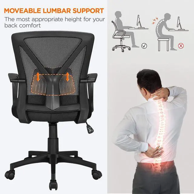 Alt view image 4 of 6 - Mid-Back Mesh Task Office Desk Chair with Wheels and Arms, Black | Breathable mesh back and foam-padded seat for all-day comfort; sturdy metal frame, height adjustable, and easy to assemble