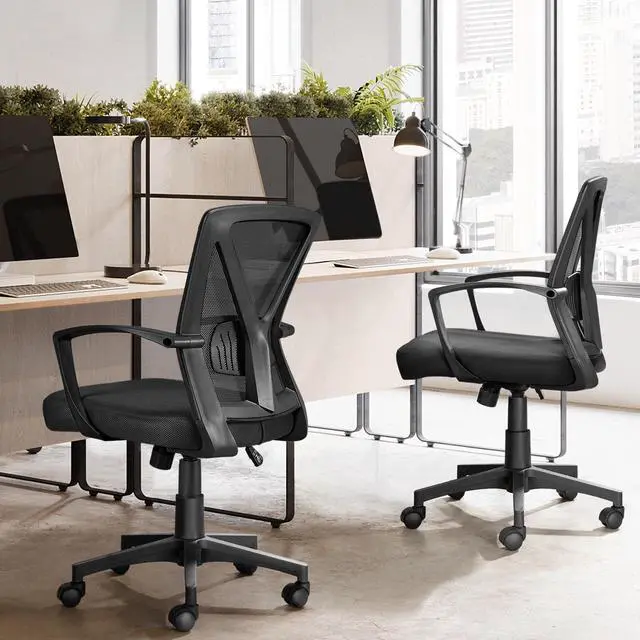 Alt view image 6 of 6 - Mid-Back Mesh Task Office Desk Chair with Wheels and Arms, Black | Breathable mesh back and foam-padded seat for all-day comfort; sturdy metal frame, height adjustable, and easy to assemble