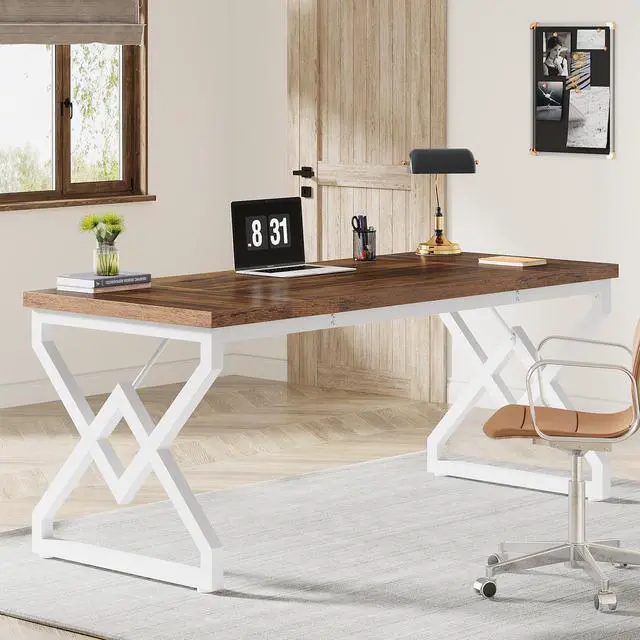 Main image of 63 Inch Executive Desk, Large Office Desk with Metal Frame, Ergonomic Writing Desk Computer Workstation, Modern Wood Computer Desk for Home Office, Easy Assembly (Brown+White)