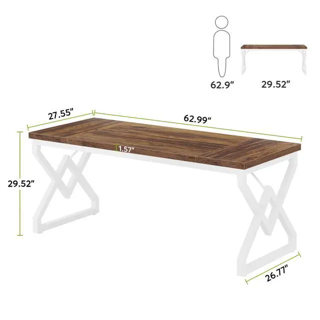 Alt view image 2 of 6 - 63 Inch Executive Desk, Large Office Desk with Metal Frame, Ergonomic Writing Desk Computer Workstation, Modern Wood Computer Desk for Home Office, Easy Assembly (Brown+White)