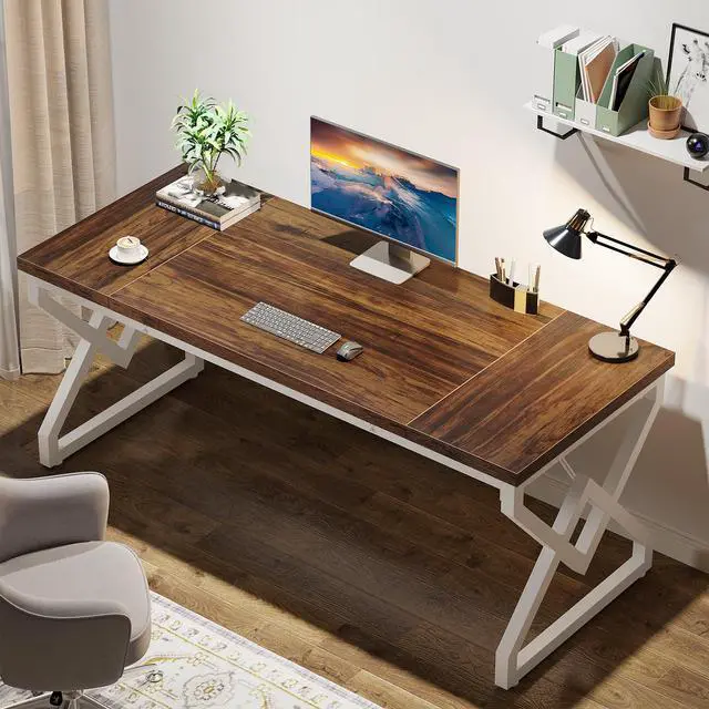 Alt view image 3 of 6 - 63 Inch Executive Desk, Large Office Desk with Metal Frame, Ergonomic Writing Desk Computer Workstation, Modern Wood Computer Desk for Home Office, Easy Assembly (Brown+White)