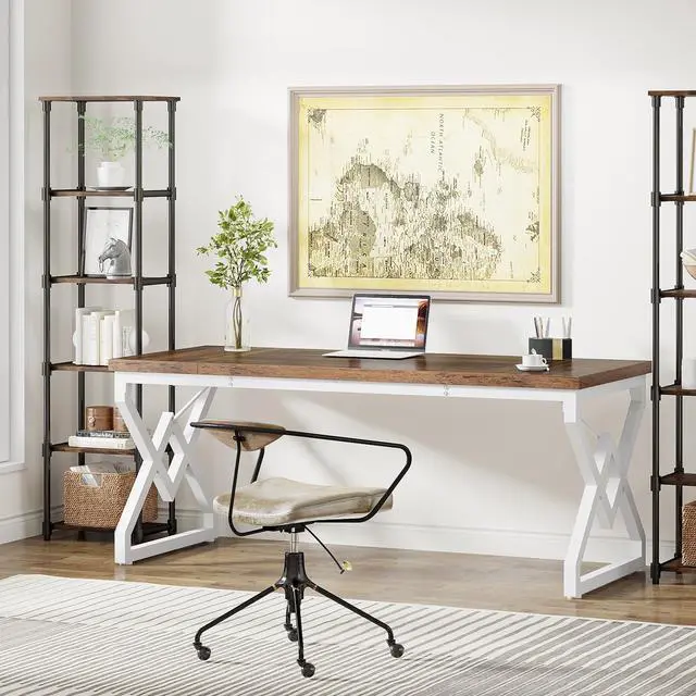 Alt view image 4 of 6 - 63 Inch Executive Desk, Large Office Desk with Metal Frame, Ergonomic Writing Desk Computer Workstation, Modern Wood Computer Desk for Home Office, Easy Assembly (Brown+White)