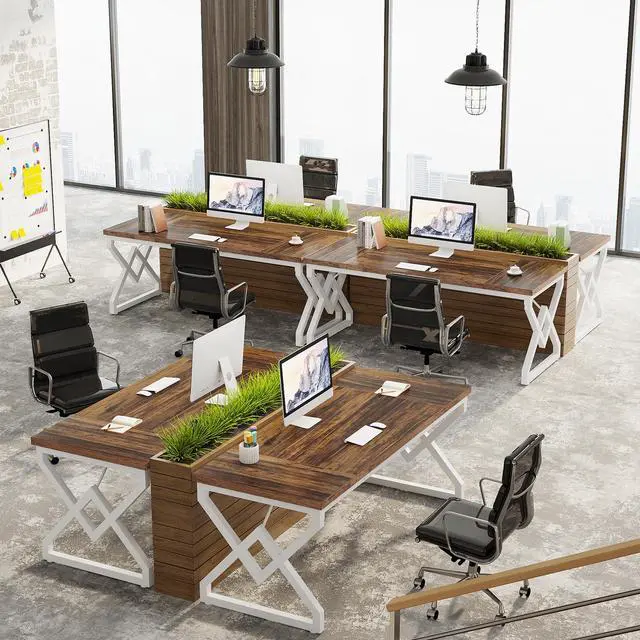 Alt view image 5 of 6 - 63 Inch Executive Desk, Large Office Desk with Metal Frame, Ergonomic Writing Desk Computer Workstation, Modern Wood Computer Desk for Home Office, Easy Assembly (Brown+White)