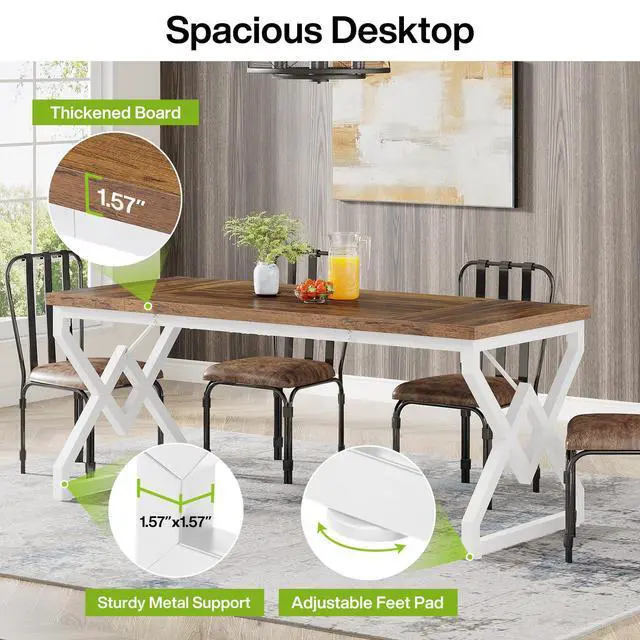 Alt view image 6 of 6 - 63 Inch Executive Desk, Large Office Desk with Metal Frame, Ergonomic Writing Desk Computer Workstation, Modern Wood Computer Desk for Home Office, Easy Assembly (Brown+White)