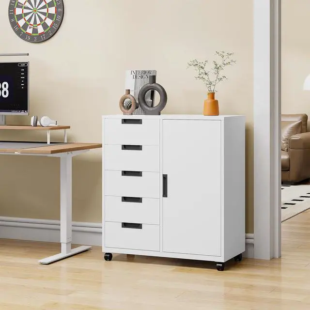 Alt view image 2 of 6 - 5-Drawer Metal Storage Cabinet with Adjustable Shelves and Wheels, Printer Stand with Storage, Craft Organizers and Storage Drawers, Rolling File Cabinets for Home Office(White)