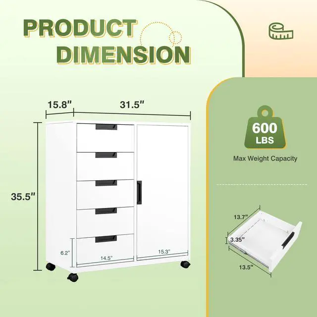 Alt view image 3 of 6 - 5-Drawer Metal Storage Cabinet with Adjustable Shelves and Wheels, Printer Stand with Storage, Craft Organizers and Storage Drawers, Rolling File Cabinets for Home Office(White)