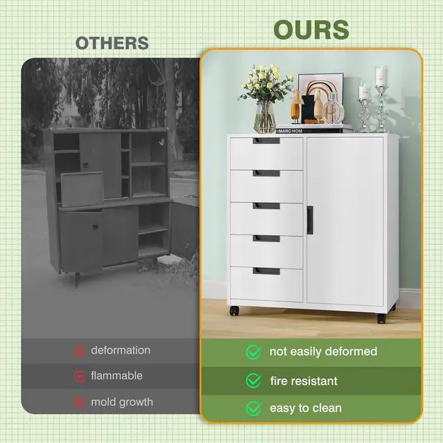 Alt view image 4 of 6 - 5-Drawer Metal Storage Cabinet with Adjustable Shelves and Wheels, Printer Stand with Storage, Craft Organizers and Storage Drawers, Rolling File Cabinets for Home Office(White)