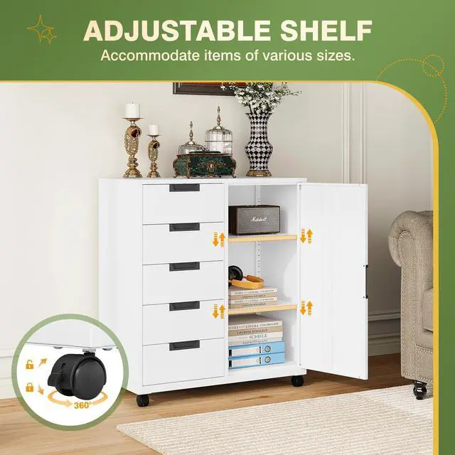 Alt view image 5 of 6 - 5-Drawer Metal Storage Cabinet with Adjustable Shelves and Wheels, Printer Stand with Storage, Craft Organizers and Storage Drawers, Rolling File Cabinets for Home Office(White)